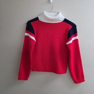 Vintage Sears Roebuck Kids Turtleneck Sweater Red White Navy Skiing Sz M 10-12